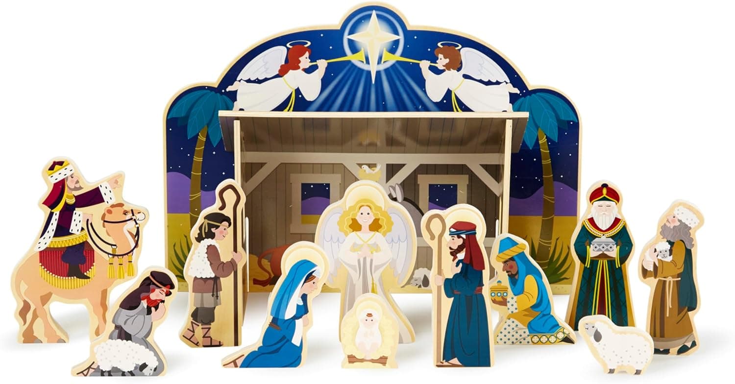 Melissa & Doug Classic Wooden Christmas Nativity Set with 4-Piece Stable and 11 Wooden Figures Christmas Toys for Kids | Pretend Play | 3+ | Gift for Boy or Girl