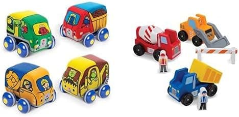 Melissa & Doug Construction Vehicle Bundle - Pull-Back Soft Baby Toy Set (4 Vehicles) & Wooden Play Set (8 pcs)