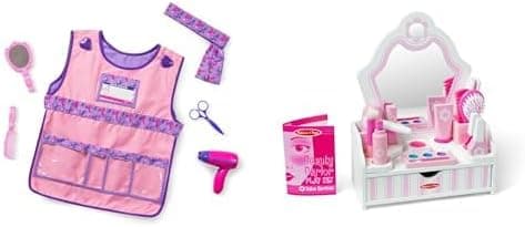 Melissa & Doug Hair Stylist Role Play Set (7 pcs) with 18-Piece Wooden Beauty Salon Vanity Set, Pretend Makeup & Accessories