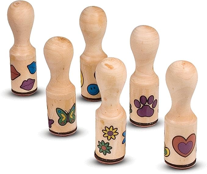 Melissa & Doug Happy Handles Wooden Stamp Set: 6 Stamps and 6-Color Stamp Pad With Washable Ink, Easy To Hold Stampers For Kids Ages 4+