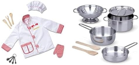 Melissa & Doug Kids Chef Bundle - 8-Piece Chef Costume Dress-Up Set with Hat & Name Tag + 8-Piece Stainless Steel Pots & Pans Play Kitchen Set