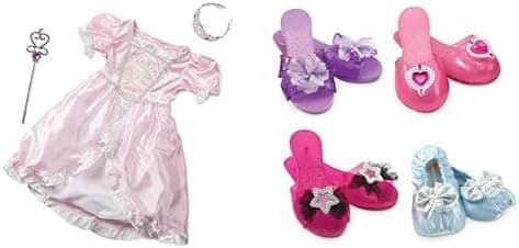 Melissa & Doug Princess Dress-Up Bundle - 3pc Pink Gown Costume Set (Tiara, Wand) with 4 Pairs of Role Play Shoes