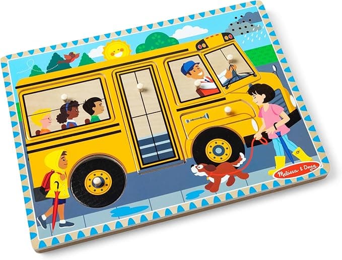 Melissa & Doug The Wheels on the Bus Sound Puzzle - School Bus Puzzle, Wooden Puzzle For Kids and Toddlers Ages 2+