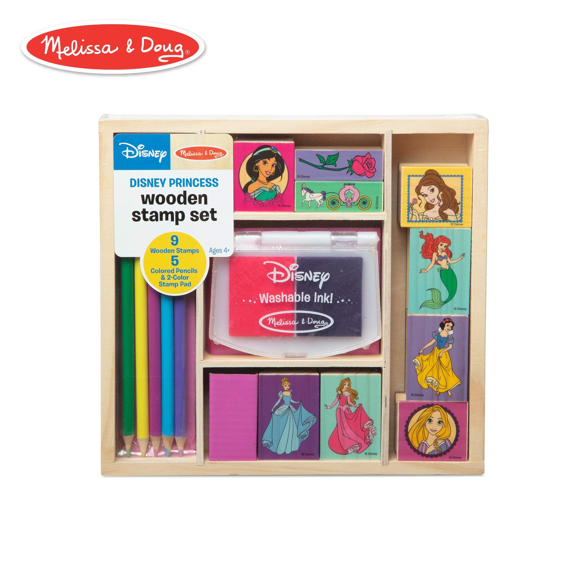 Melissa & Doug Wooden Stamp Set Disney Princesses (Arts & Crafts, Sturdy Wooden Storage Box, Washable Ink, 17 Pieces, 8.75" H x 8" W x 1.5" L)