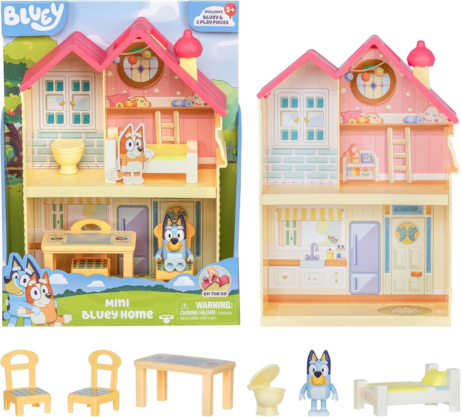 Mini House Playset with 2.5" Figure & 5 Accessories, 3 Room Play House Toys with Carry Handle, Compact Travel Toy