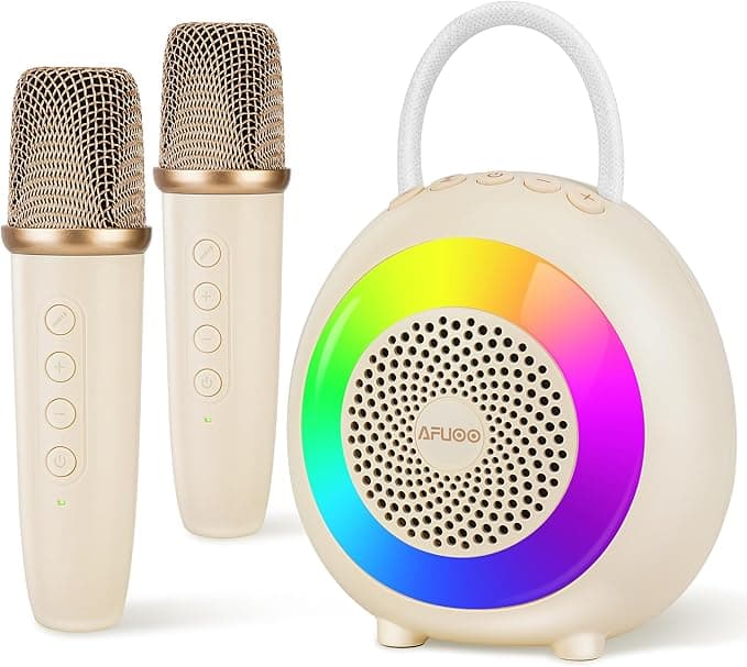 Mini Karaoke Machine for 3+ Kids & Adults, Portable Bluetooth Speaker with 2 Wireless Microphones Toys & 6 Dynamic Light & Sound Modes, Perfect for Karaoke, Singing, Party, Holiday Birthday Gift