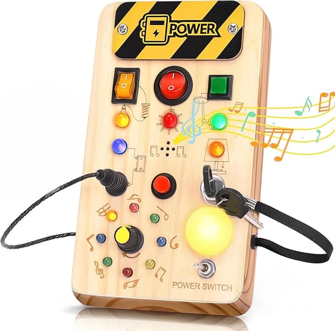 Montessori Busy Board for 1+ Year Old, Musical Wooden Learning Toys with LED Lights, Autism Sensory Toys for Toddlers 1-3, Baby Travel Toys, Christmas & Birthday Gift for Kids Ages 2-4