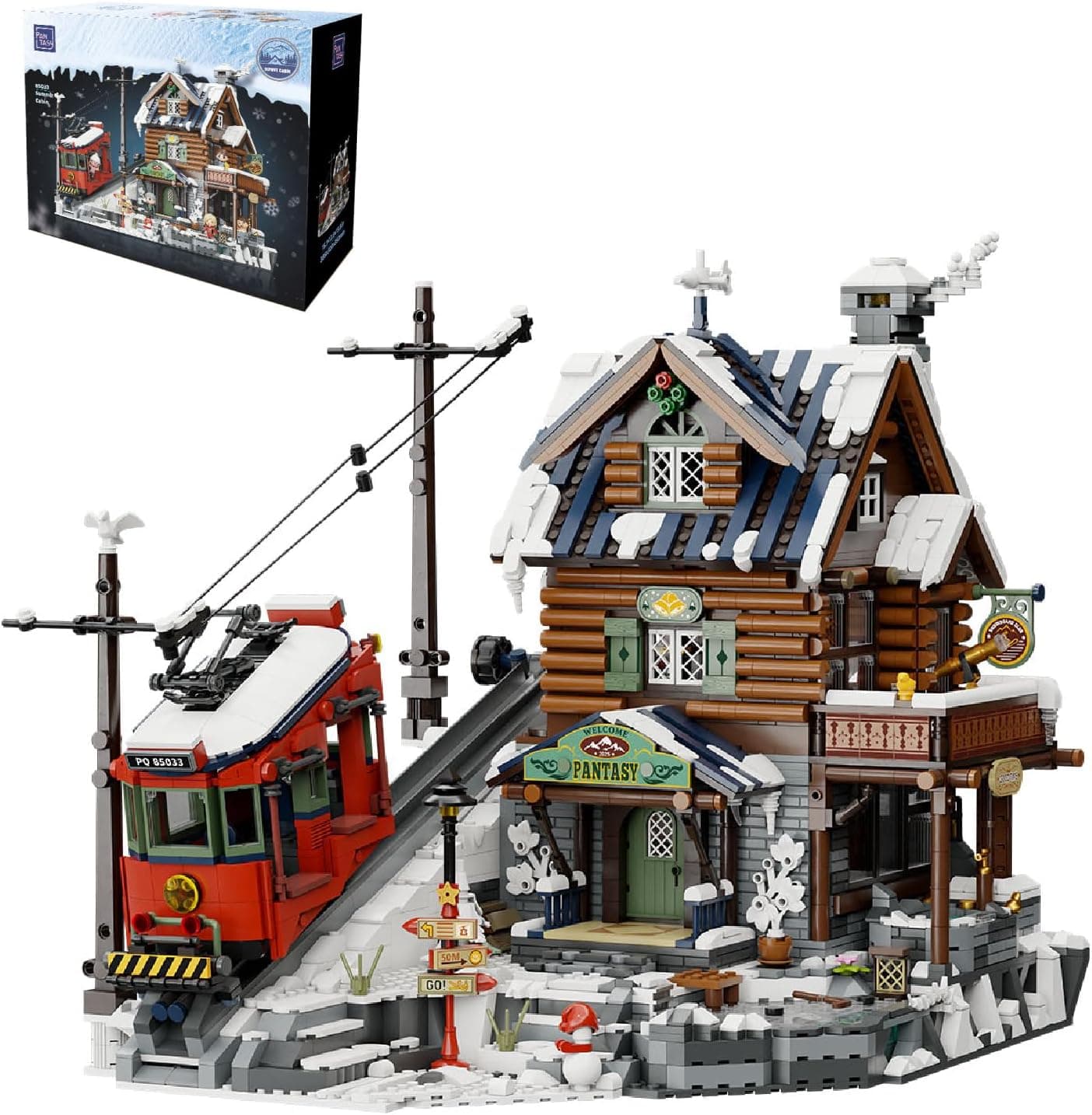 PANTASY Winter Summit Ski Lodge Building Set,3-Story Mountain Cabin with Vintage Tram&Snowy Landscape,Modular Brick Architecture Model with Opening Wall,Ice Cave&Minifigures Holiday Display for Adults