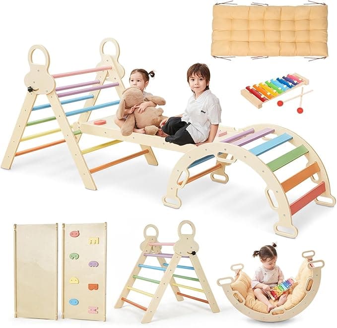 Pikler Triangle Set for kids, 8 in 1 Colorful Montessori Large Climbing Toys for Toddlers 1-6 Inside with Ramp, Arch and Foldable Climbing Triangle, Climbing Toys, Wooden Child Indoor Playground