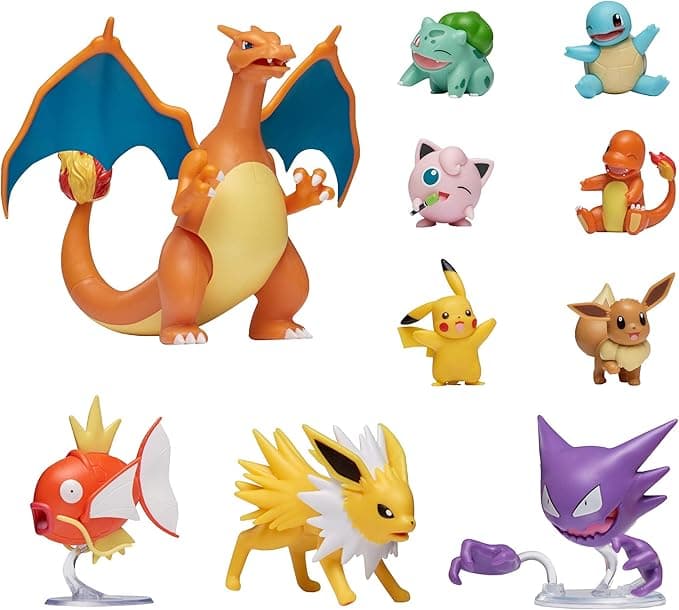Pokémon Official Ultimate Battle Figure 10-Pack - 2" Pikachu, 2" Charmander, 2" Squirtle, 2" Bulbasaur, 2" Eevee, 2" Jigglypuff, 3" Magikarp, 3" Haunter, 3" Jolteon, 4.5” Charizard