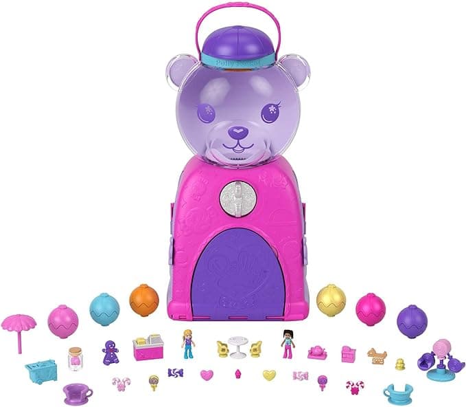 Polly PockePolly Pocket Travel Toy, Gumball Bear Playset with 2 Micro Dolls & 26 Surprise Accessories, Animal Toy Compactt Travel Toy, Gumball Bear Playset with 2 Micro Dolls & 26 Surprise Accessories, Animal Toy Compact