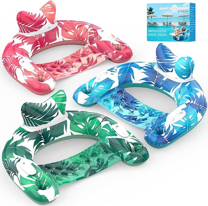 Pool Floats, 3 Pack Inflatable Pool Float Chairs with Cupholders & Handles, Pool Floats Adult & Kids Perfect for Pool Lake & Rivers, Pool Toys Party, Relaxing Inflatable Chair for Swimming Pool