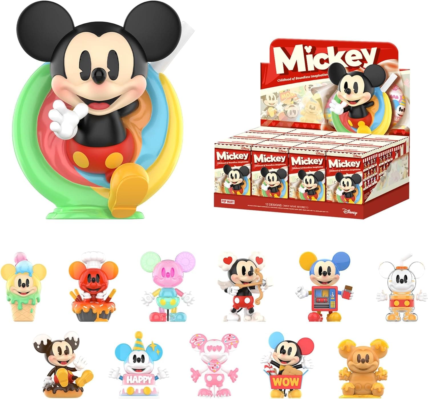 POP MART Disney Mickey Childhood of Boundless Imagination Blind Box Figures, 12 PCs Disney Mickey Random Design Action Figures Collectible Toys Home Decorations, Whole Set