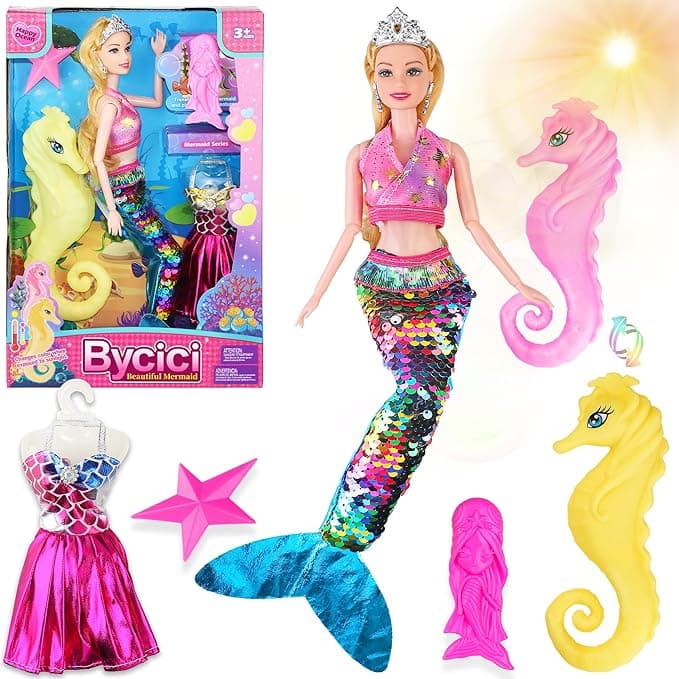 Princess Doll with Color Changing Seahorse Play Gift Set | Mermaid Toys with Accessories and Doll Clothes for Girls Age 4-6