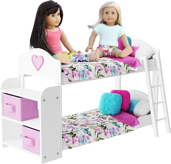 PZAS Toys Doll Bunk Bed - Doll Bunk Bed for 18 Inch Dolls 23 Piece Set Complete with Linens, Pajamas, and Shelves, Fits American Girl Doll