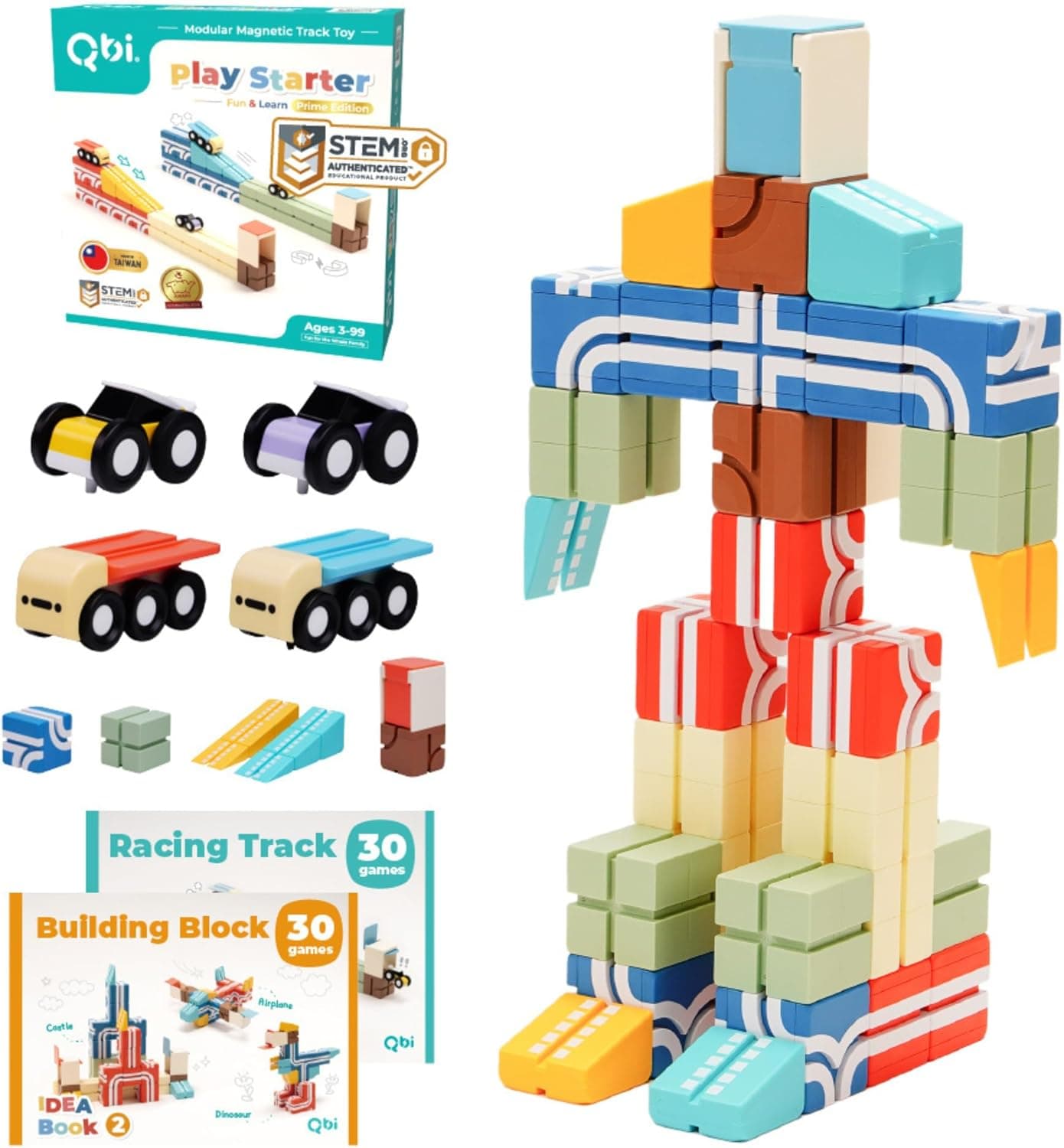 QBI Magnetic Blocks Play Starter Set – STEM Magnet Building Toys for Kids Ages 3-5, 4-in-1 Race Car Track with 4 Cars & 2 Ramps, 36 Piece Birthday Gift
