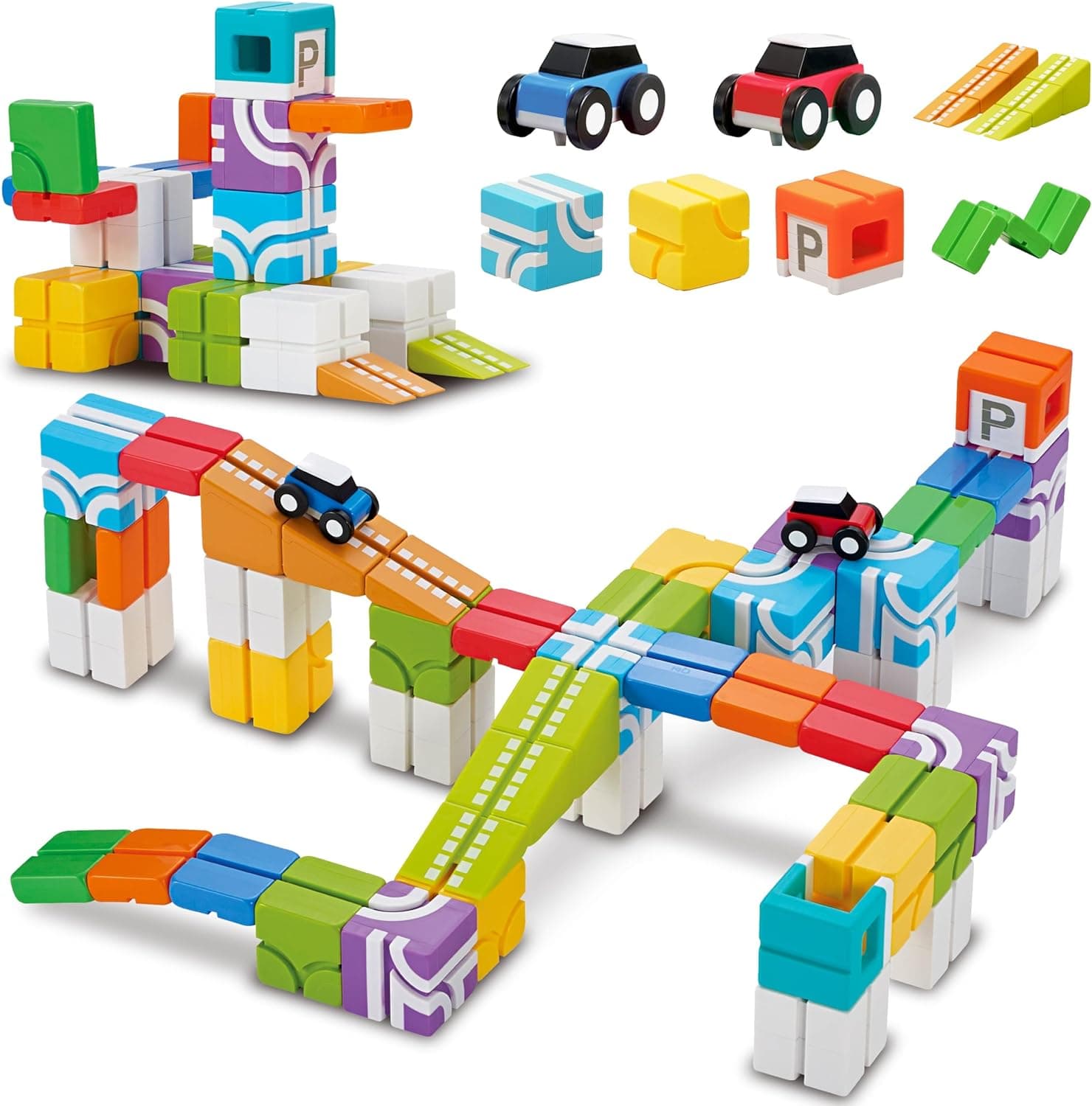 QBI Magnetic Building Blocks Car Track Set, 46PCS STEM Learning Toys for Kids Ages 4-8, Sensory Magnetic Blocks with 2 Push-and-go Cars | Educational Montessori Magnet Cubes for Boys & Girls