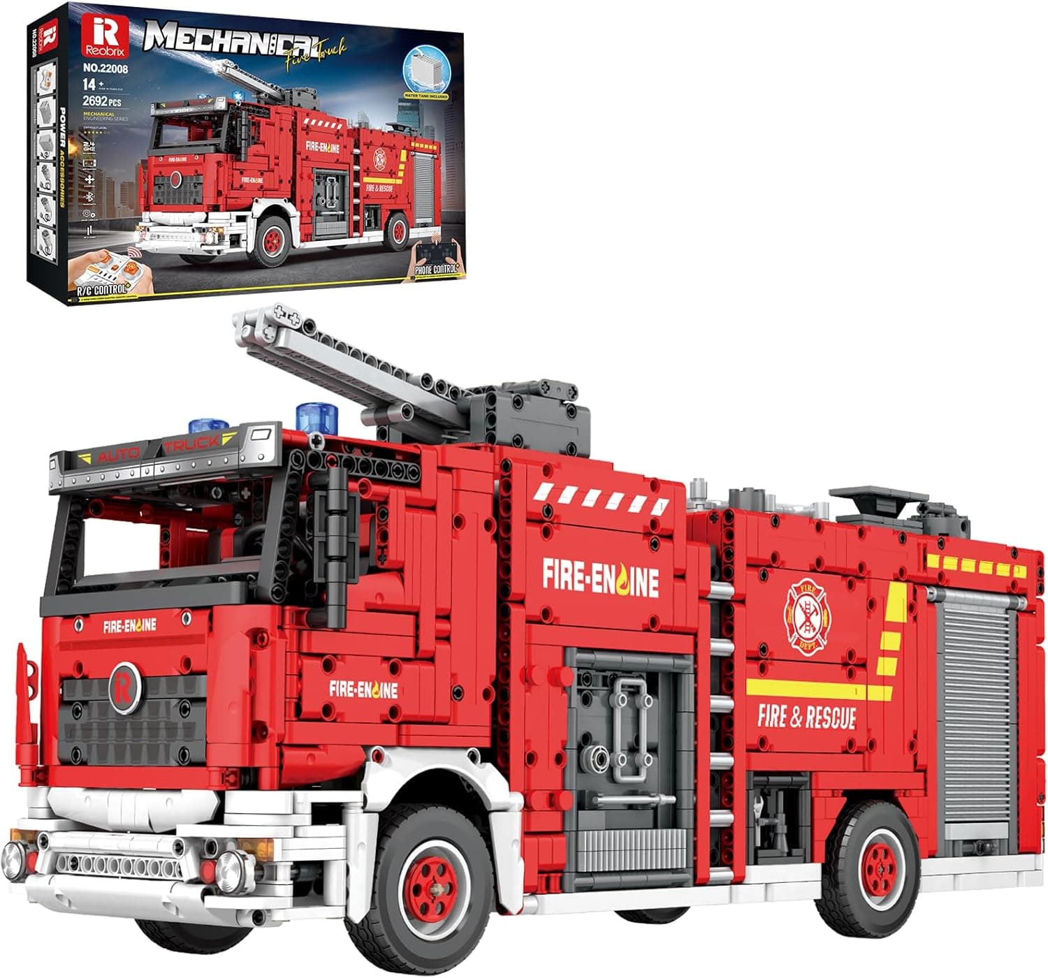 Reobrix Fire Truck Building Set for Adults, Big Rescure Fire Vehicle with Water Spray Device, APP and Remote Control Firetruck Bricks 22008, Fire Engine Building Kit for Men, Ideal Gifts for Kids 14+