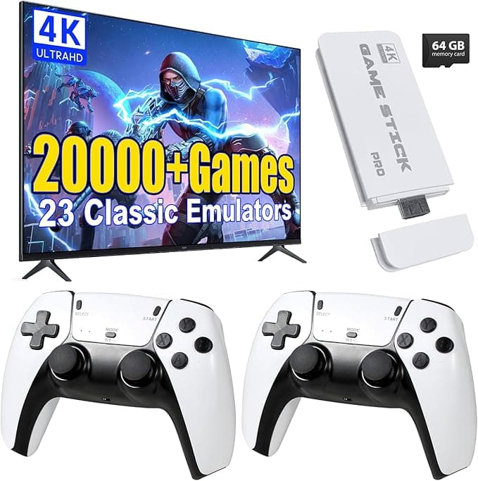 Retro Game Console Stick, Classic Video Games with 4K HDMI, Built-in 23 Emulators Wireless Retro Game Console Stick, 20000+ Games, Plug & Play TV Video Gaming Stick with Dual 2.4G Wireless Controllers