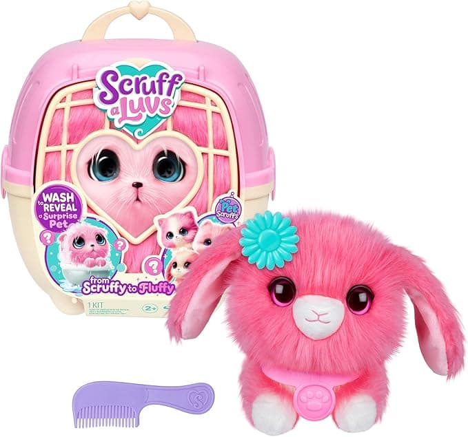 SCRUFFALUVS Pet Scruffs Pink - Mystery Plush Toy, 7.5" Tall - Wash to Reveal 1 of 3 Rescue Pets: Puppy, Bunny, or Kitty - Includes 8.7" Deluxe Pet Carrier - Styles May Vary