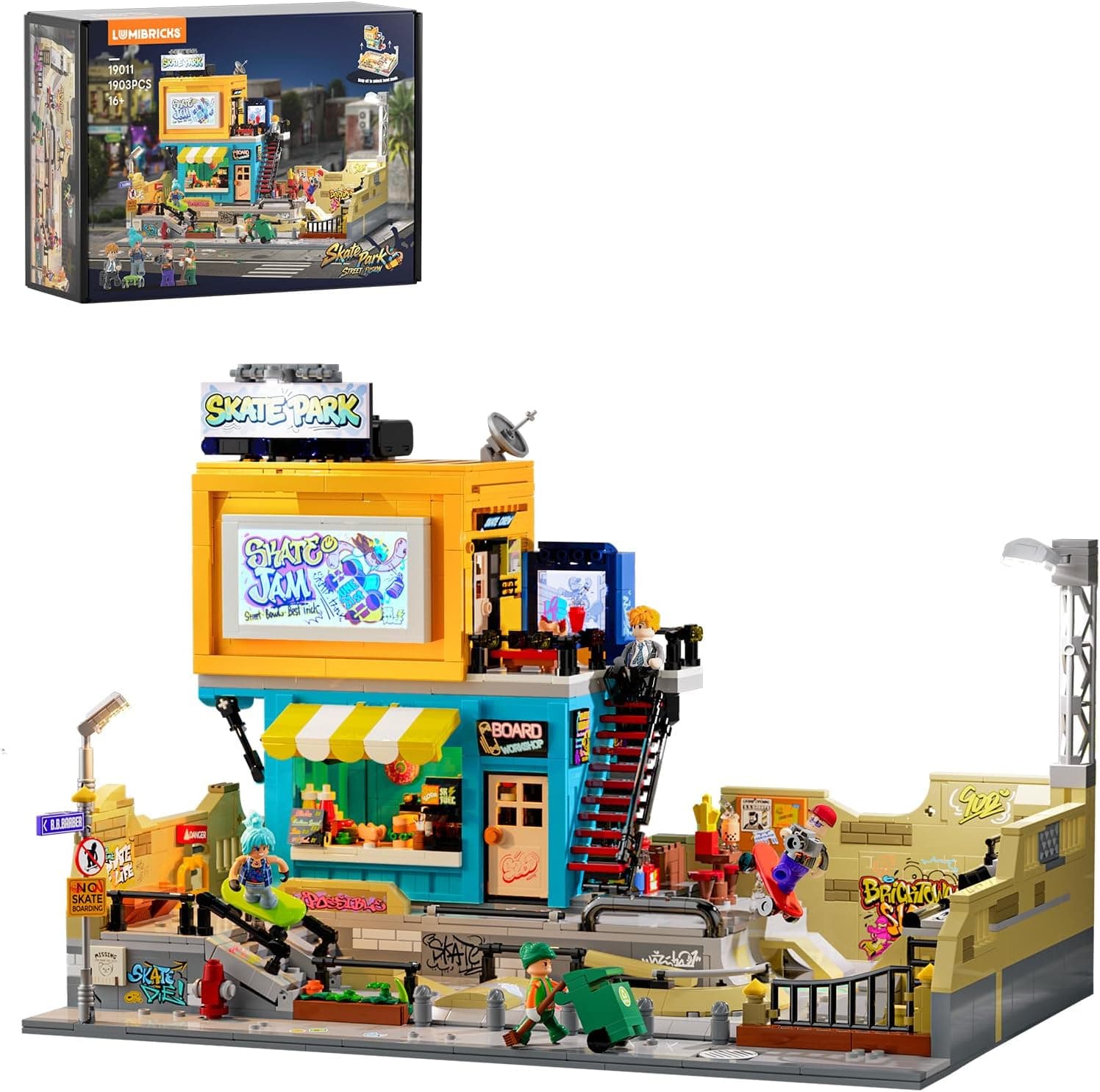 Skate Park Lighting Building Blocks Set - Street Fusion City Town Modular Playset Collection Display kit with Minifigures 1903 Pcs for Adults & Teens & Life Enthusiasts