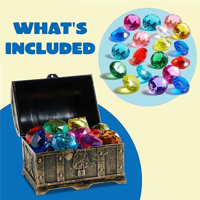 Sloosh Diving Gems Pool Toys, 16 Big Colorful Diamond with Pirate Treasure Chest,Swim Dive Toy for Kids Underwater Gemstone Swimming Training Gift Water Pool Games(Gold)