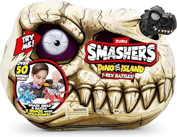 Smashers Dino Island T-Rex Battles (Black Version) by ZURU 50+ Surprises Boys Collectible Dinosaur T-Rex Triceratops Surprise Slime Sand Compounds Discovery