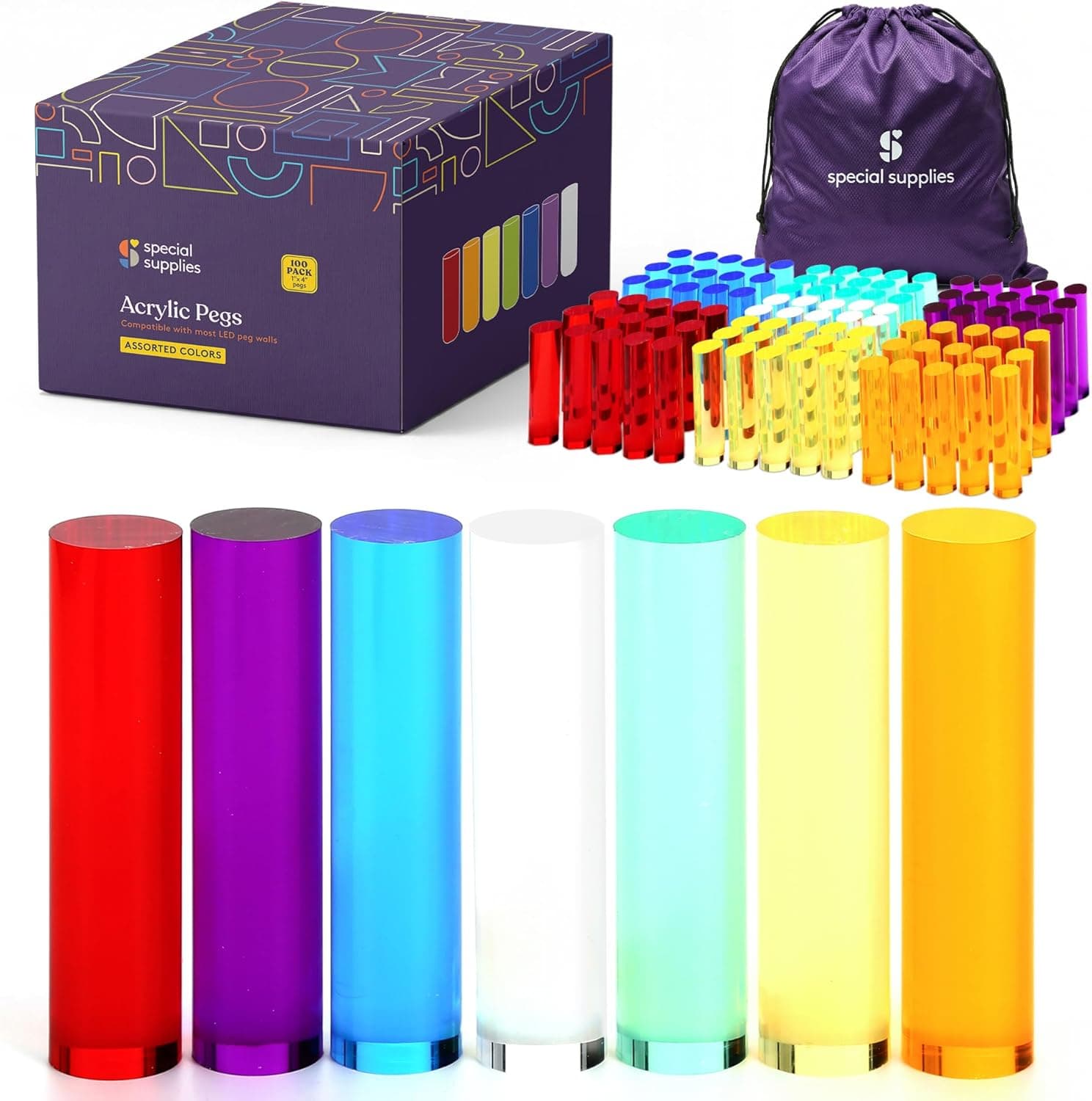 Special Supplies Set of 100 LED Light Peg Board Replacement Pieces for Kids LED Peg Wall, Colorful Illuminated Pegs for Creative Play and STEM Learning- 1β x 4β