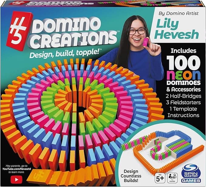 Spin Master Games, Lily Hevesh H5 Domino Creations 100-Piece Neon Dominoes Set, Building Toys for Kids & Family, Classic Activity Game, 1 & Up Players, for Ages 5 & Up
