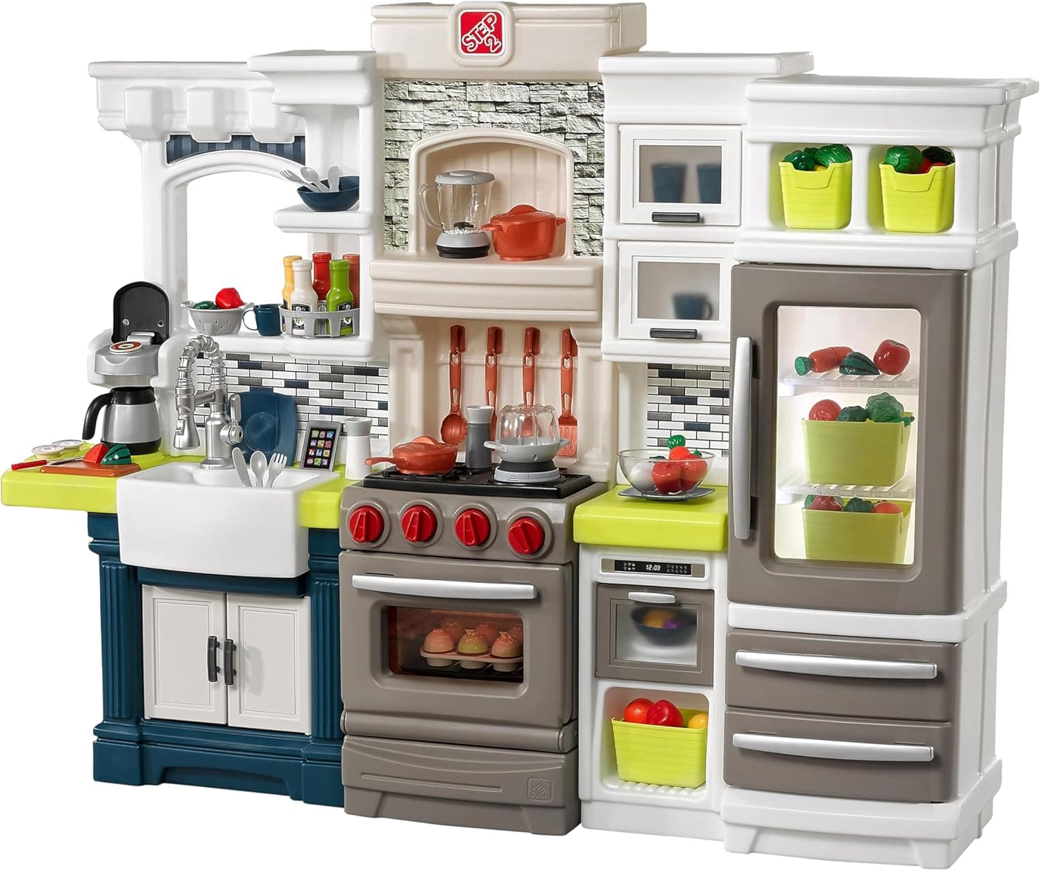 Step2 Elegant Edge Kids Kitchen Playset, Indoor/Outdoor Kitchenette, Interactive Play with Lights and Sounds, Made of Durable Plastic, Includes 78 Piece Toy Accessories, For Toddlers 3+ Years Old