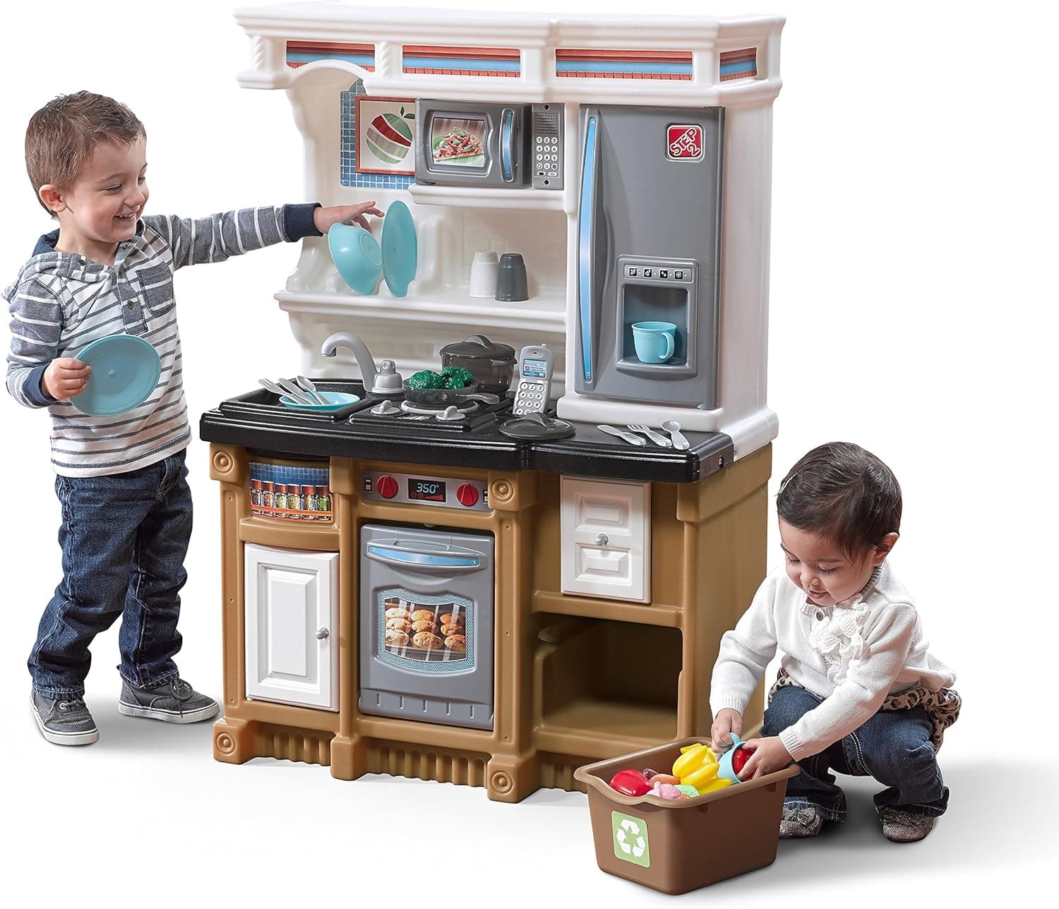 Step2 Lifestyle Custom Kids Kitchen Playset, Indoor/Outdoor Kitchenette, Interactive Play with Lights and Sounds, Made of Durable Plastic, 20 Piece Toy Accessories, Toddlers 2+ Years Old, Tan