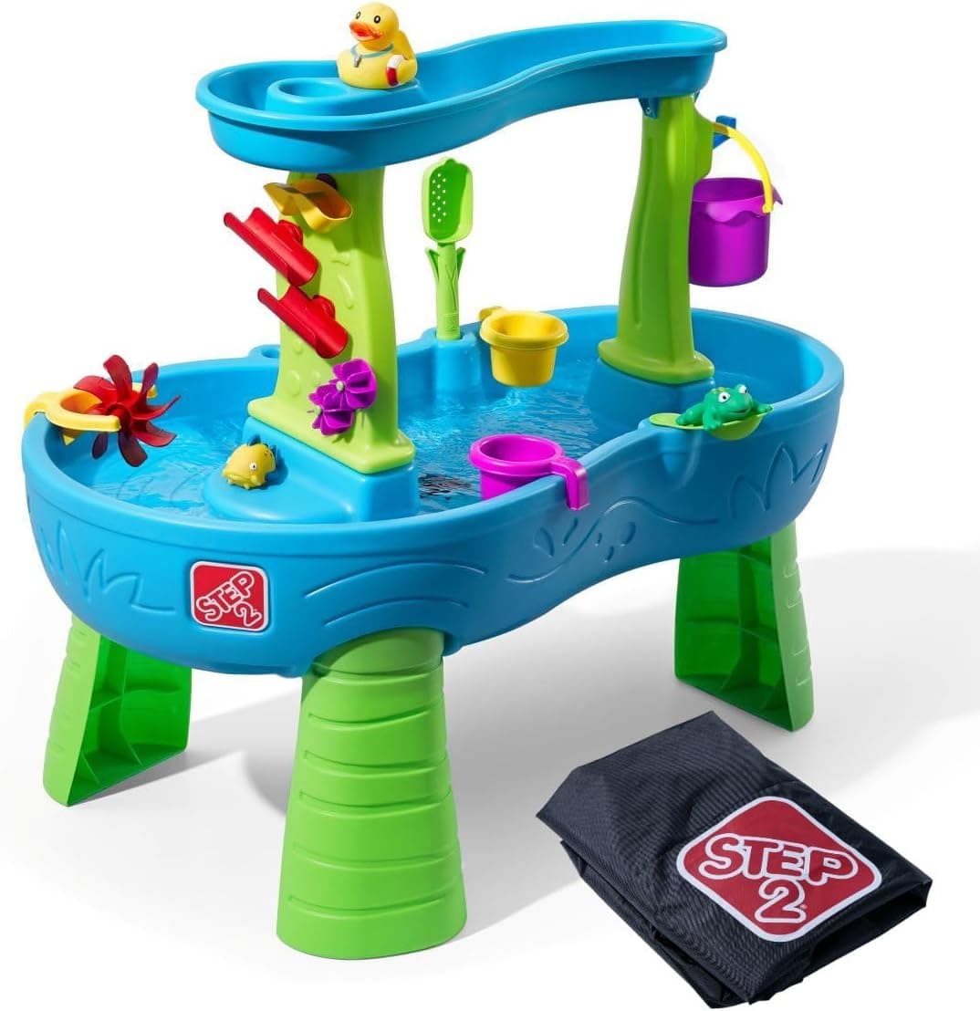Step2 Rain Showers Splash Pond Water Table with Cover, Kids Water and Sand Activity Sensory Playset, Summer Outdoor Toys, 13-Piece Water Toy Accessories, for Toddlers 1.5+ Years Old, Blue & Green