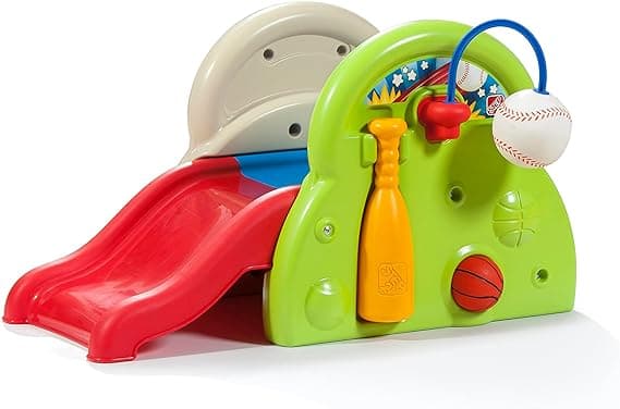 Step2 Sports-Tastic Climber β 3-In-1 Sports Activity Center Indoor/Outdoor Playset β Toddler Climber with Kids Slide, Basketball Hoop, Soccer Goal, & Tethered Baseball