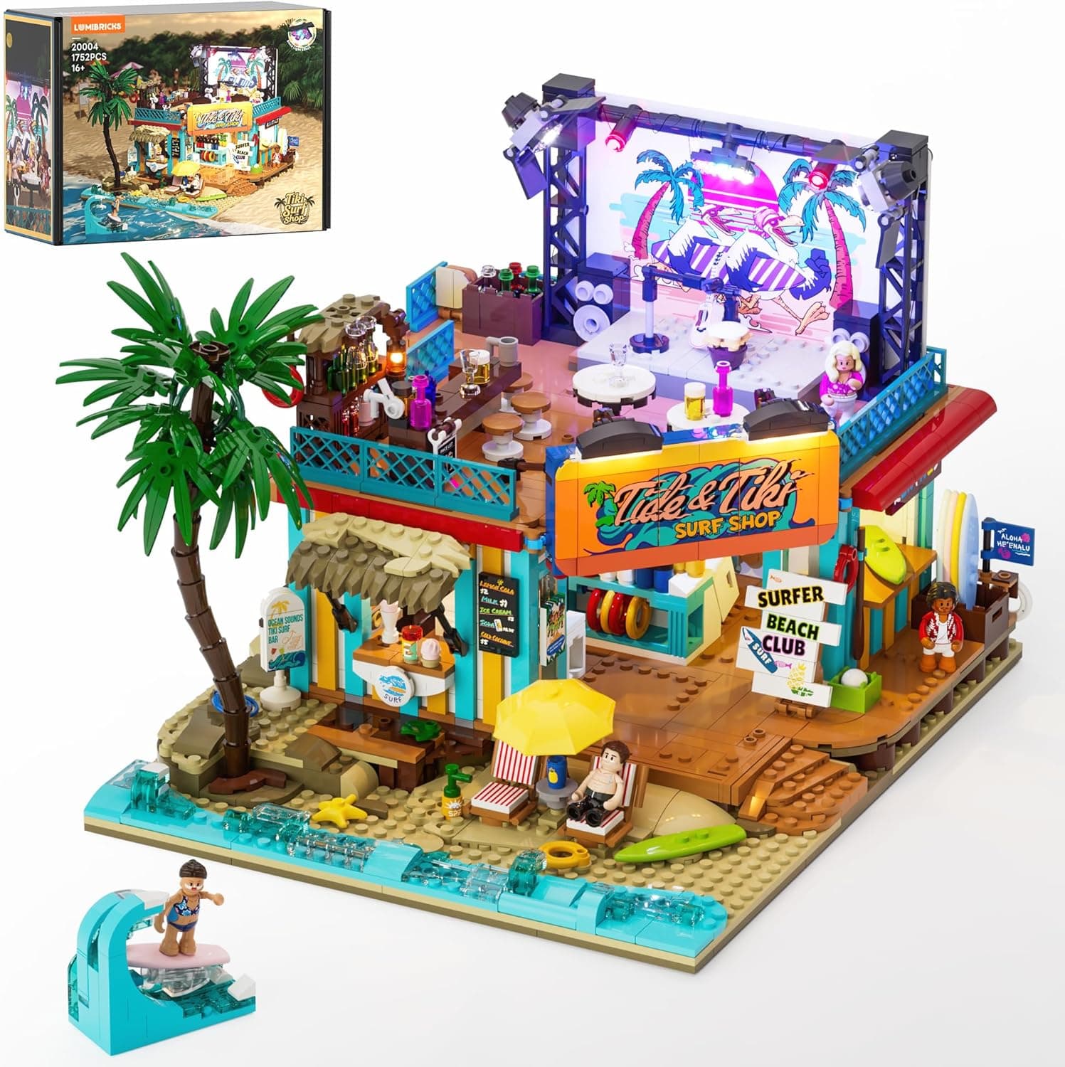 Surf Shop Lighting Building Bricks Set - Coast Club Modular Collection Display Kit with LED and Minifigures 1752 Pcs for Adults & Teens & Marine Enthusiasts