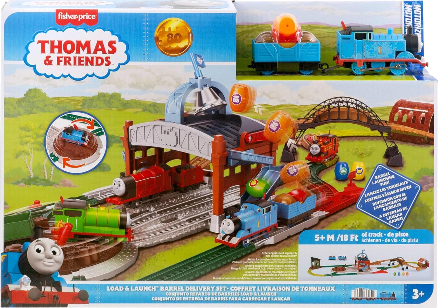 Thomas & Friends Toy Train Playset by Fisher-Price, Load & Launch Barrel Delivery with Classic Motorized Engine & Cargo Car, 18 Feet of Track