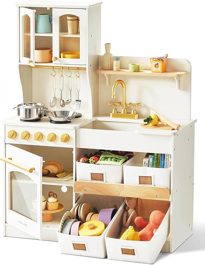 Tiny Land Play Kitchen for Kids with Enhanced Storage – Modern Toddler Kitchen Playset with Stove, Sink & Accessories, Organized Wooden Toy Kitchen, Ideal for Toddlers