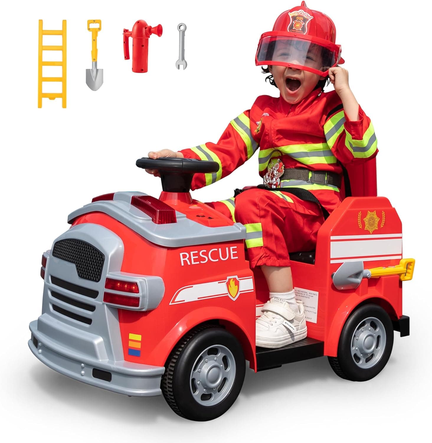 TOBBI Kids Ride on Fire Truck, Interactive Mode, Battery Powered Toddler Car with Shovel, Ladder, Fire Extinguisher, Flashing Lights, Red