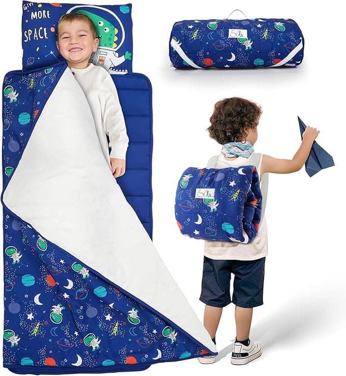 Toddler Nap Mat with Removable Pillow and Plush Blanket - 54" x 33"for Kids Ages 3-6 Years - Soft Kids Sleeping Bag for Toddlers - Roll Up Design Great for Preschool, Daycare