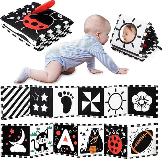 URMYWO Black and White Baby Toys, Tummy Time High Contrast Newborn Toys 0-3 Months, Soft Baby Book, Visual Stimulation Montessori Sensory Infant Toys 0-6-12 Months, Shower Gift, Stocking Stuffers