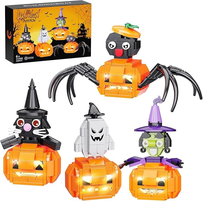 VONADO Halloween Pumpkin Building Set, Halloween Ghosts Witch Cat Spider, Halloween Pumpkin Building Toys with LED Light, Cute Halloween Party Gift for 6-12 Old Boys & Girls(445PCS)