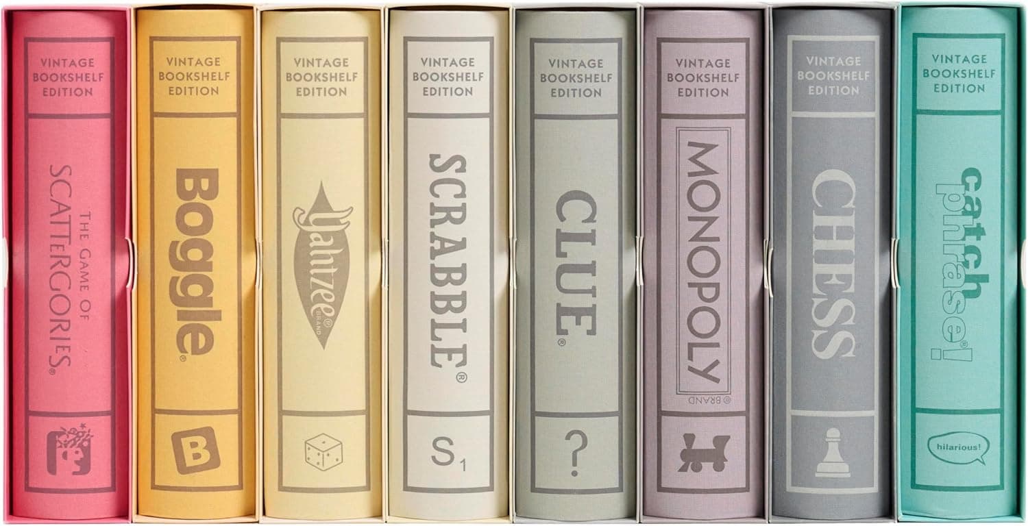 WS Game Company Collection of 8 Vintage Bookshelf Edition Board Games Including Scrabble, Monopoly, Clue, Yahtzee, Catch Phrase, Chess, Scattergories, and Boggle