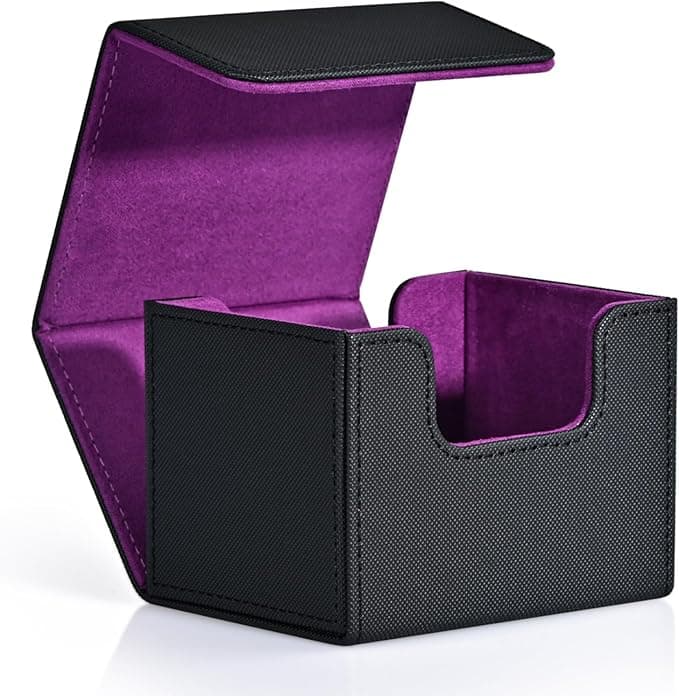 ZLCA Card Deck Box for Trading Cards, MTG Commander Deck Box Holds 120+ Single Sleeved, Leather Magnetic Card Storage Case Fits for TCG CCG Magic (Black& Purple)