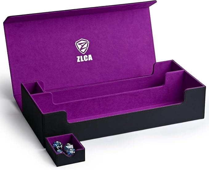 ZLCA X-Large Card Deck Box, Premium Trading Card Storage Box Fits 5 Pcs Small Deck Case with Playmat Case and Removable Dice Tray, Fits TCG/MTG/Magic/Commander/Yugioh (XL-Black&Purple)